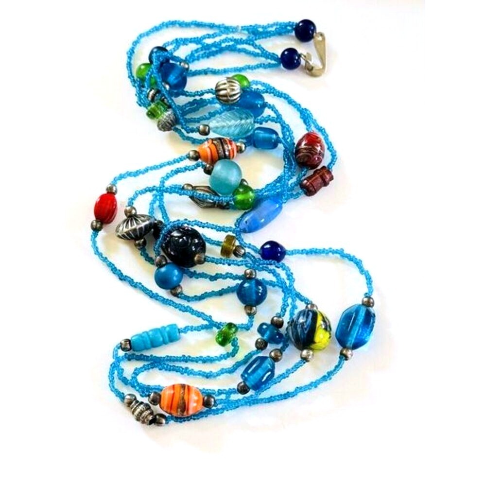 VTG Blue Art glass Necklace Rare Poured Beads Jewelry Multi Triple‎ Strand BOHO